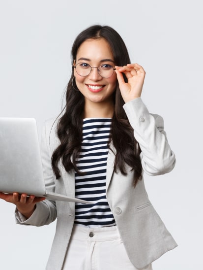 business-finance-employment-female-successful-entrepreneurs-concept-confident-smiling-asian-businesswoman-office-worker-white-suit-glasses-using-laptop-help-clients 1-min